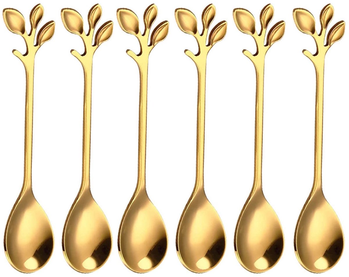 Dailygoods- Koffielepel Goud - 6 Stuks - Roestvrij Staal - Bladvorm - Creatief Servies - 12 cm - Voor Suiker/IJs/Thee - Dessertlepel