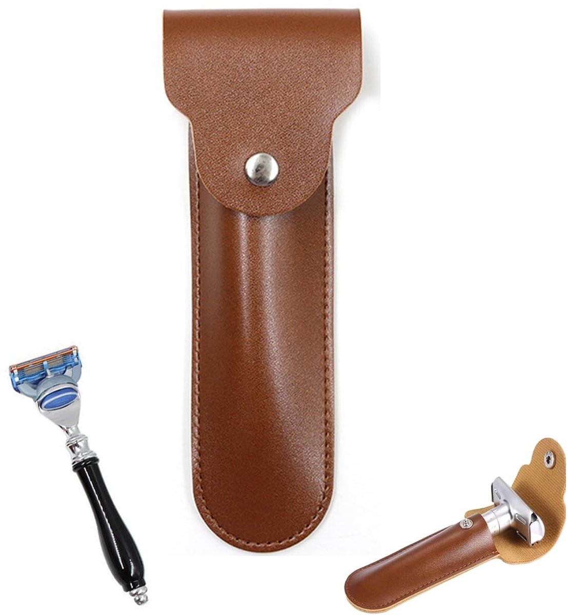 Dailygoods- Scheermeshoes Lederen - Dubbele Rand Scheerkopbeschermschede - Veiligheidsscheermesbeschermer - Draagbaar Reisetui - Geschikt voor Op Reis - Bruin - Scheerapparaatetui