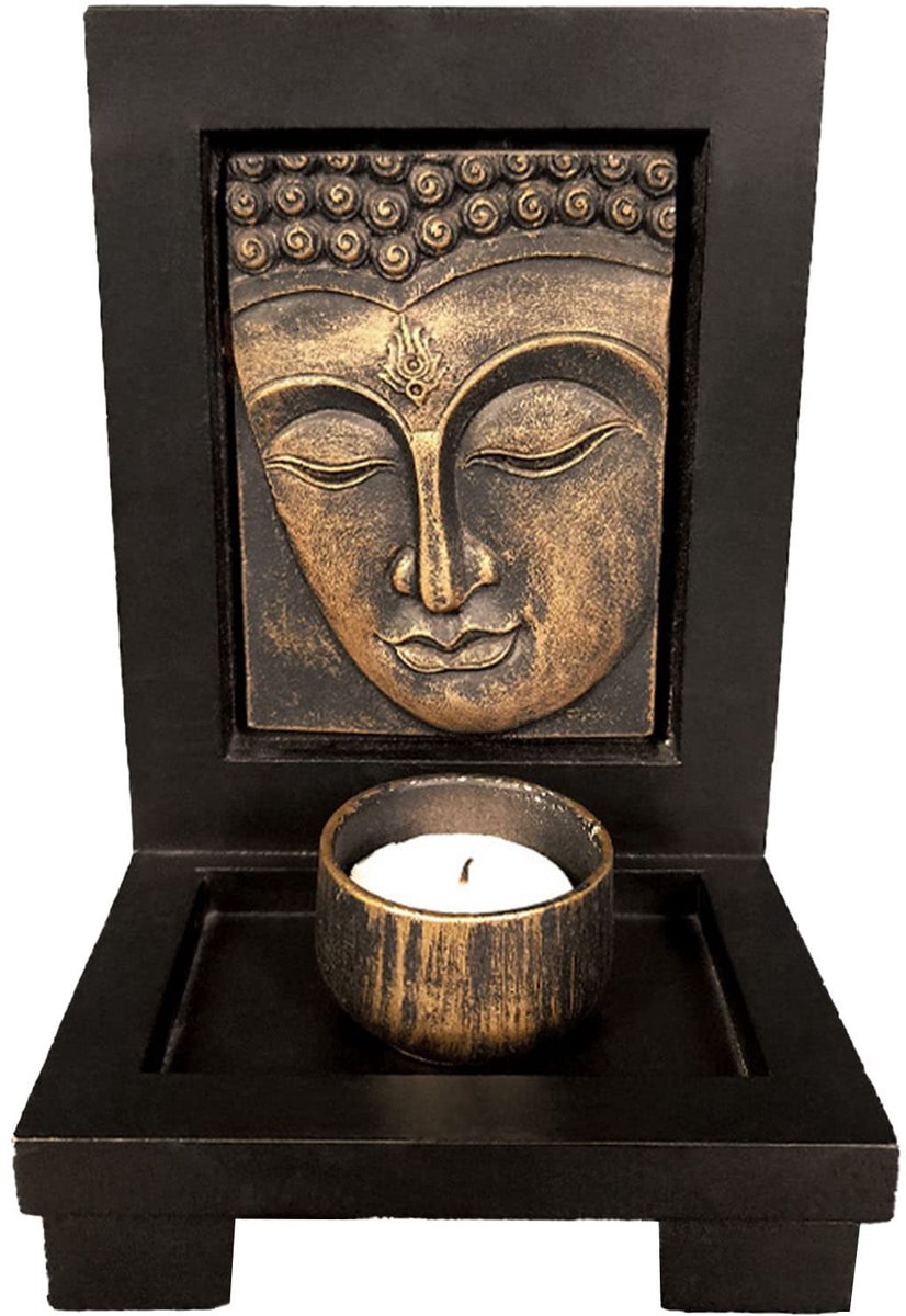 Dailygoods- Theelichtkaarsenhouder Boeddha - Zen Kandelaar - Houten Plankbasis - Meditatie Decor - Spirituele Kamer - MDF/Hars Materiaal - Kaarsenhouder