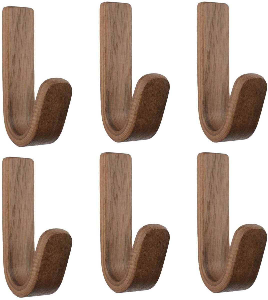 Dailygoods- Wandhaak 6 Stuks - Zelfklevende Wandhaken - Walnoot Kapstokhaken - Rubberhouten Haak - Zware Wandmontage - Hoogwaardig Materiaal
