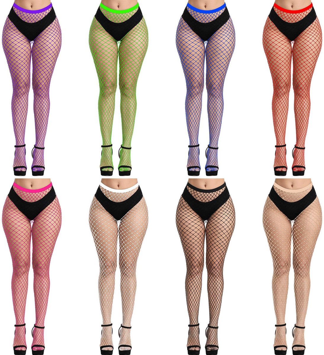 Dailygoods- Netkousen 8 Paar - Hoge Taille - Visnet Kousen - Rekbare Tailleband - Comfortabel - Nylon/Spandex - Visnetpanty