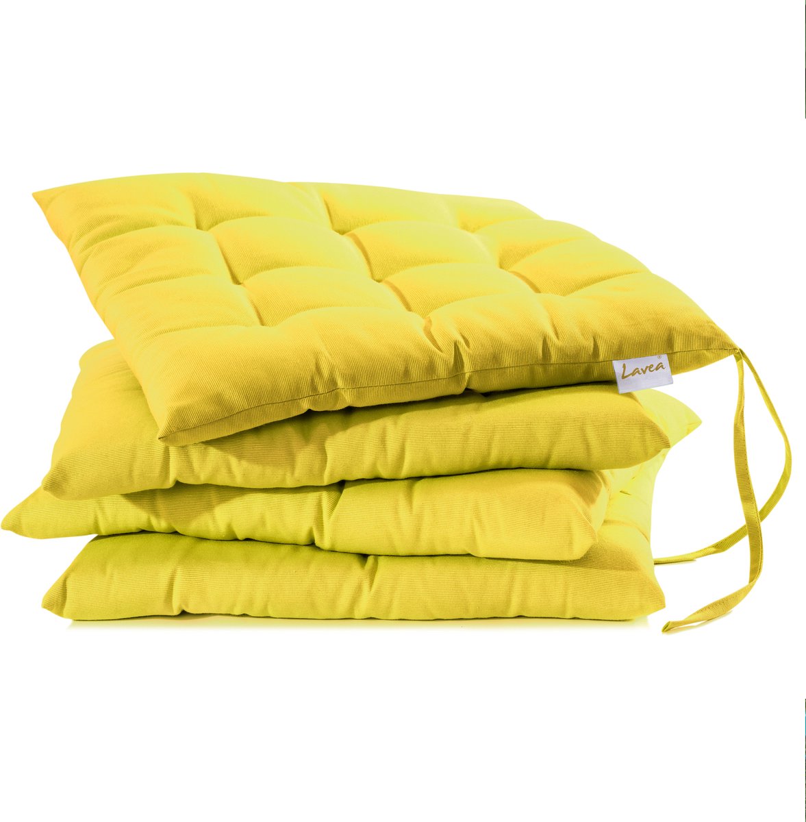 Lavea® Stoelkussens 40x40 cm – Set van 4 met Bevestigingslinten – Comfortabel en Wasbaar voor Binnen en Buiten – voor Tuin, Balkon, Terras en Keuken – Lichtgeel
