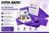 Paarse originele Dyna-Band weerstandsband opgerold met handleiding. Tekst met "De originele weerstandsband".