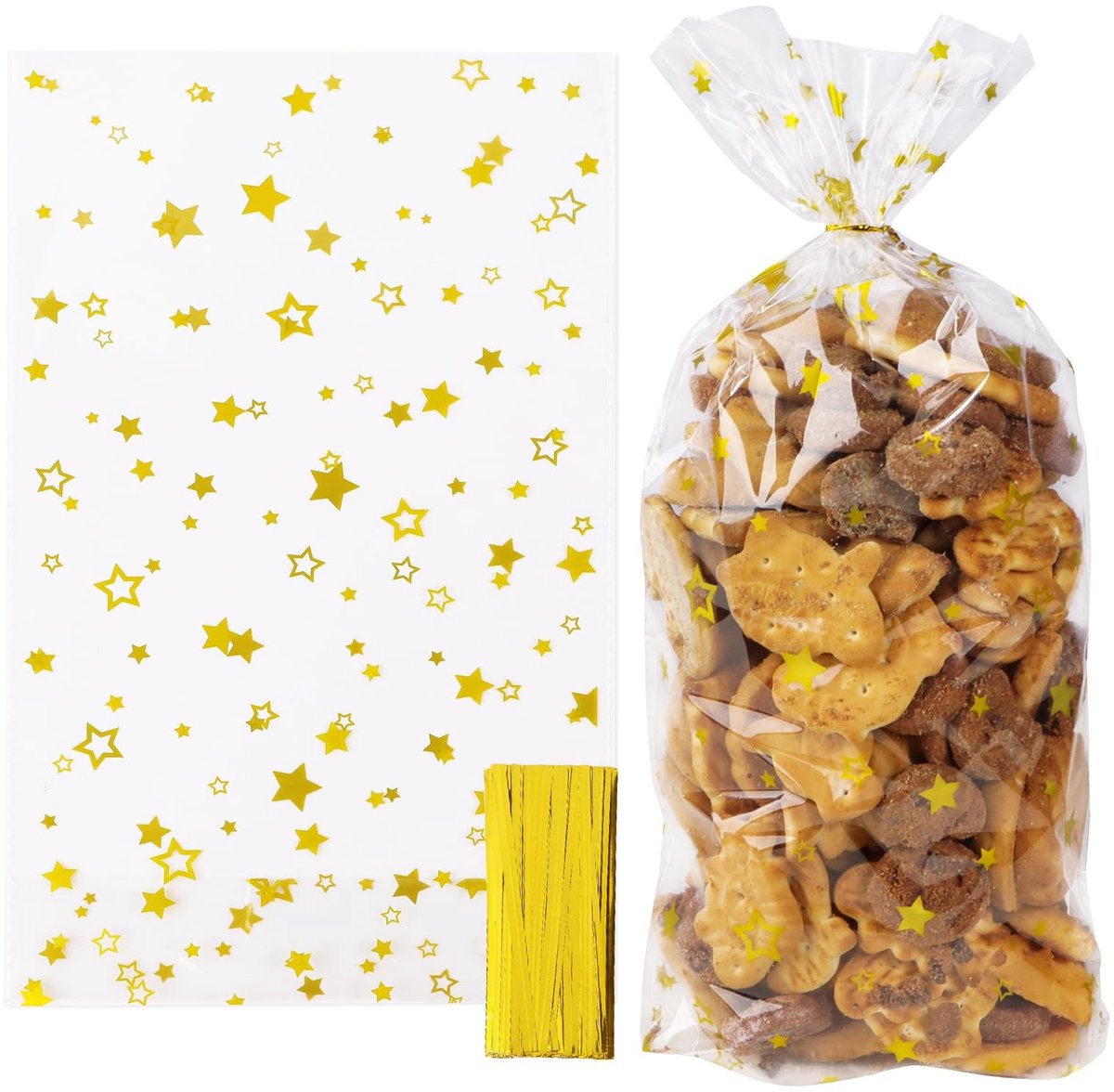 Dailygoods- Cellofaanzakjes 100 stuks - 18 x 30 cm - Cadeauzakjes - Kerstdecoratie - Transparant - Gouden Sterren Motief