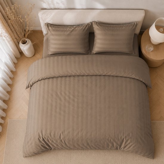 Hotellinnen Dekbedovertrek Taupe - 27mm Streep - 240 x 200/220 cm + 2 kussenslopen — afbeelding 3