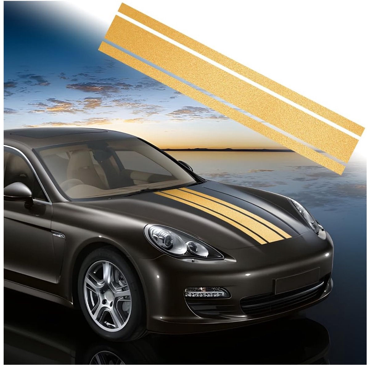 Dailygoods- Motorkapstrips Mat Goud - Auto Sticker voor Auto Decoratie - Bumpersticker - PVC - 124,5 x 22,2 cm - Sterke Hechting - Autosticker