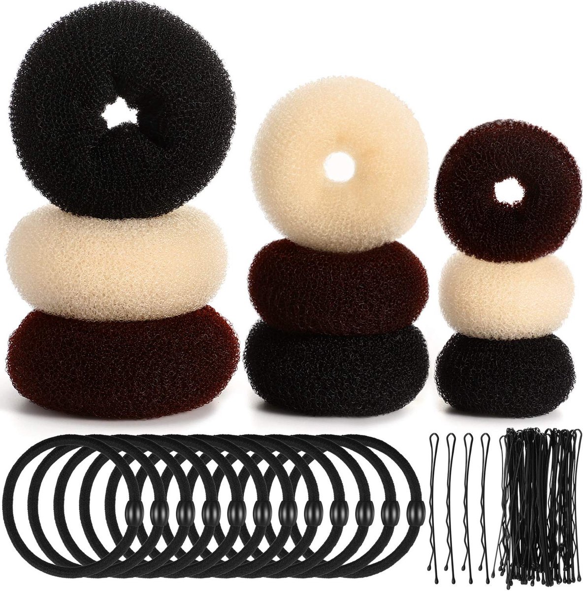Dailygoods- Haarknot Maker Set - 9-delige Donut Knotrolband - 12 Elastische Haarbanden - 32 Haarspelden - Geschikt voor Diverse Kapsels - Donutbroodje