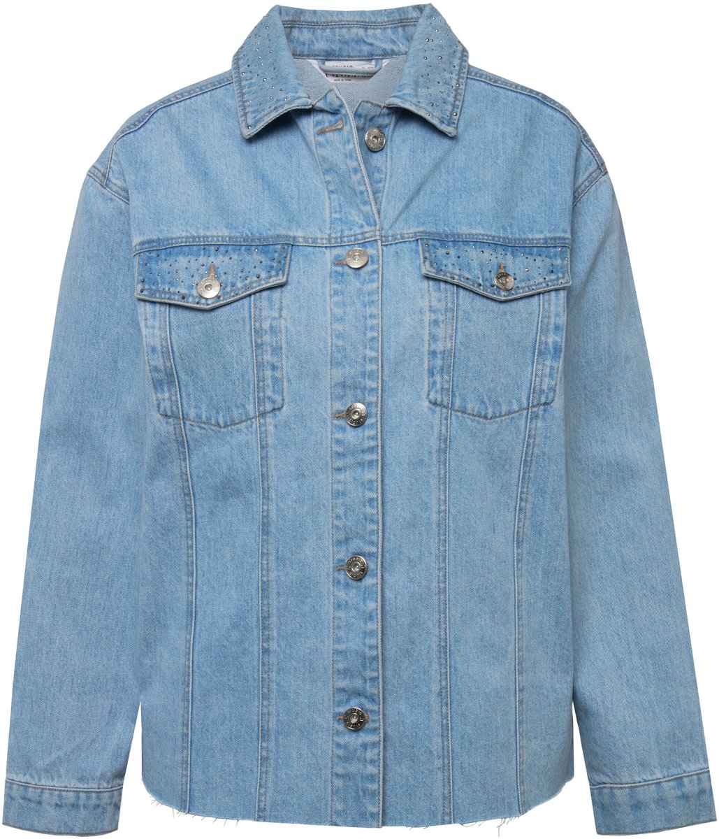 Studio Untold - Dames - Denim jack boxy shape glittersteentjes overhemdkraag - Licht blauw denim - Maat 50+