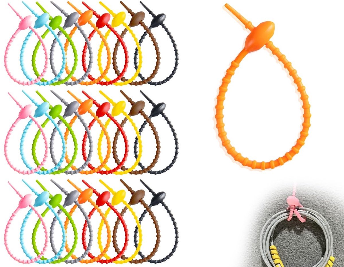 Dailygoods- Silicone Ties - 27 Stuks - Herbruikbare Kabelbinders - Antislip Straps - Organiseren van Kabels - 21 cm - 9 Kleuren