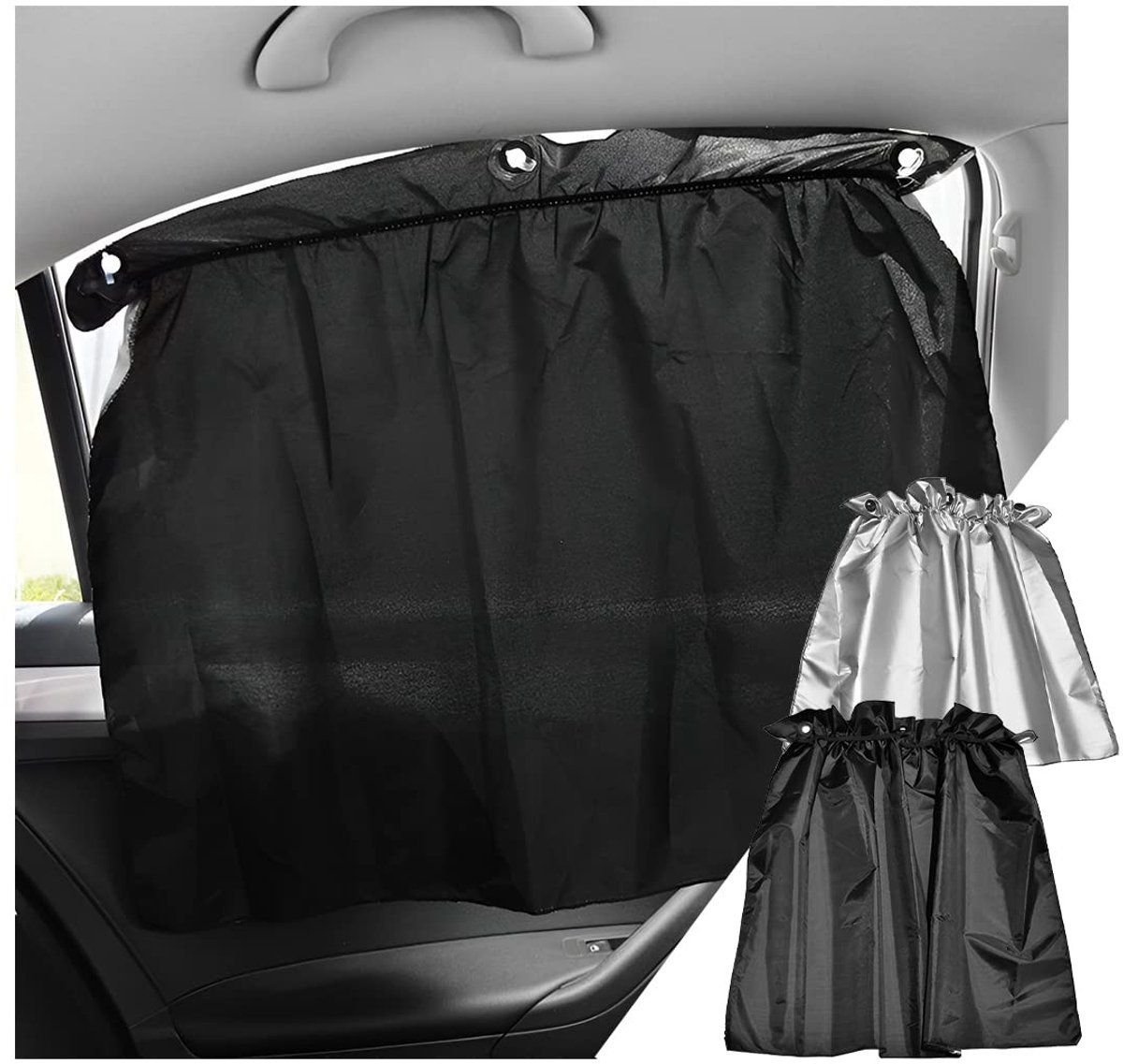 Dailygoods- Zonwering Auto Universeel - Zilver/Zwart - 4 Stuks - Polyester - Met Zuignappen - 70 x 52 cm - Dubbelzijdig Gebruik - Autoruitzonwering