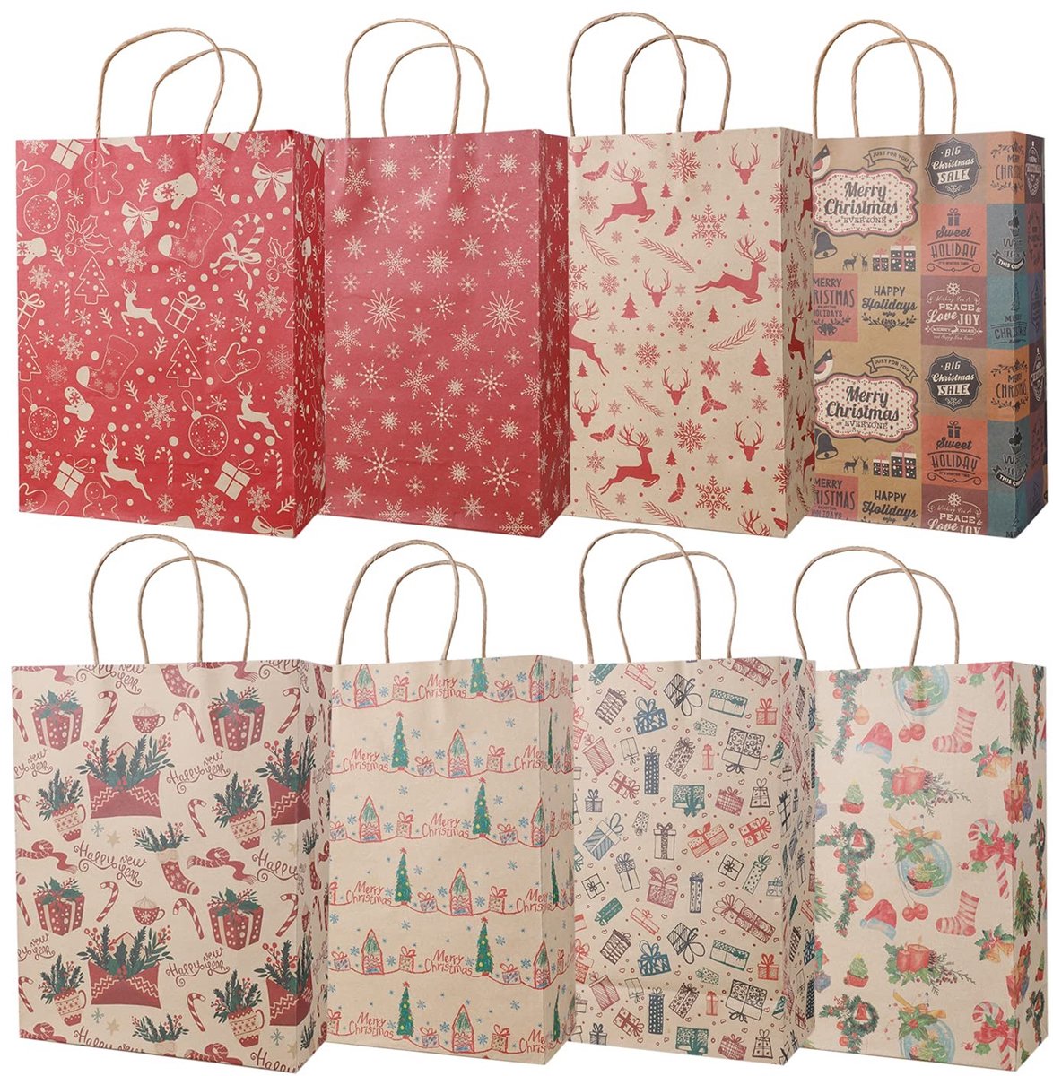 Dailygoods- Cadeauzakjes 16 Stuks - Kerstpatronen - Papieren Zakjes - Handvatten - Scheurbestendig - Duurzaam Kraftpapier - Geschenkzakjes