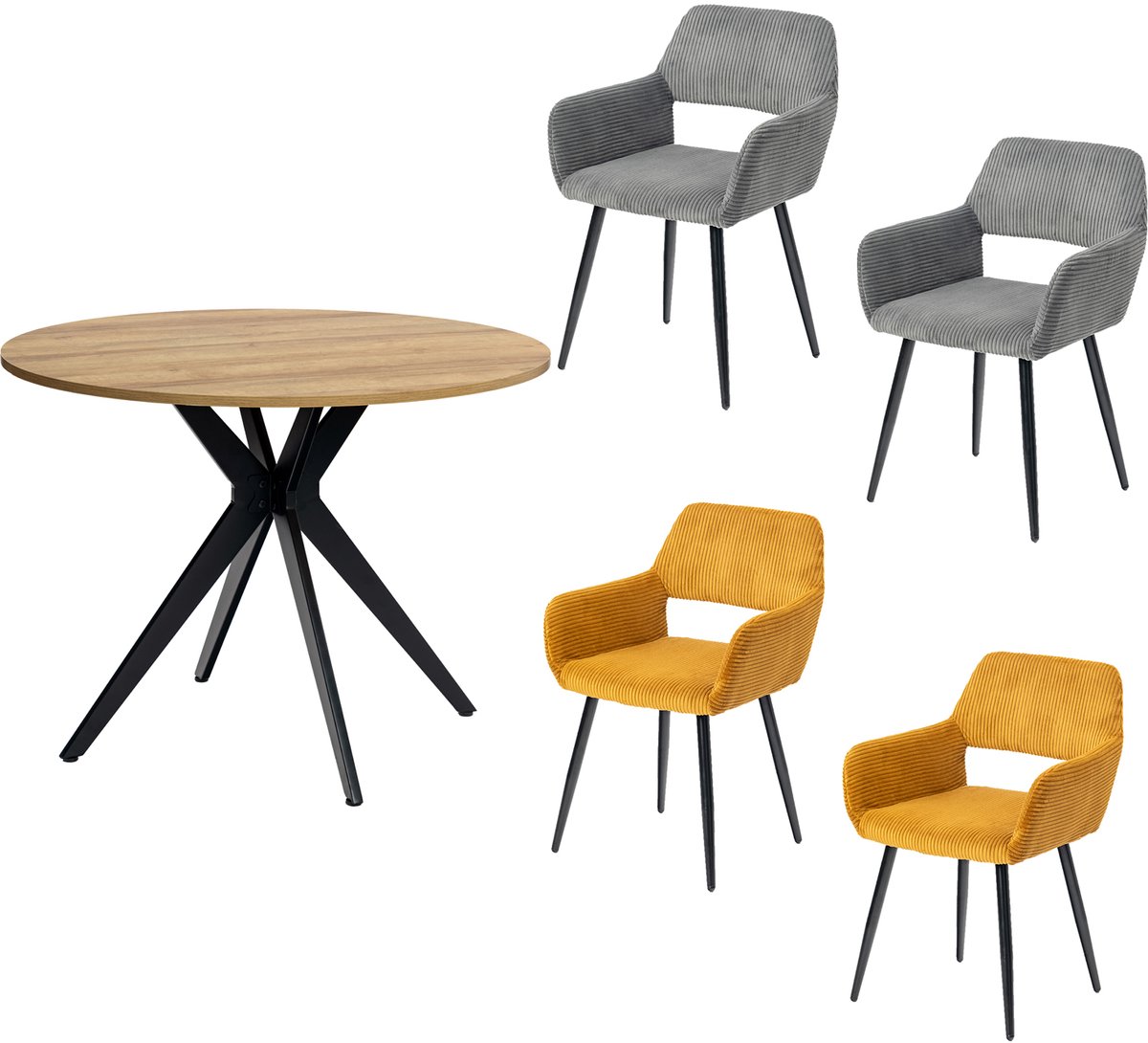 Eethoeken - 5-delig Ronde tafel 100cm Met Fauteuils - Geel/Grijs