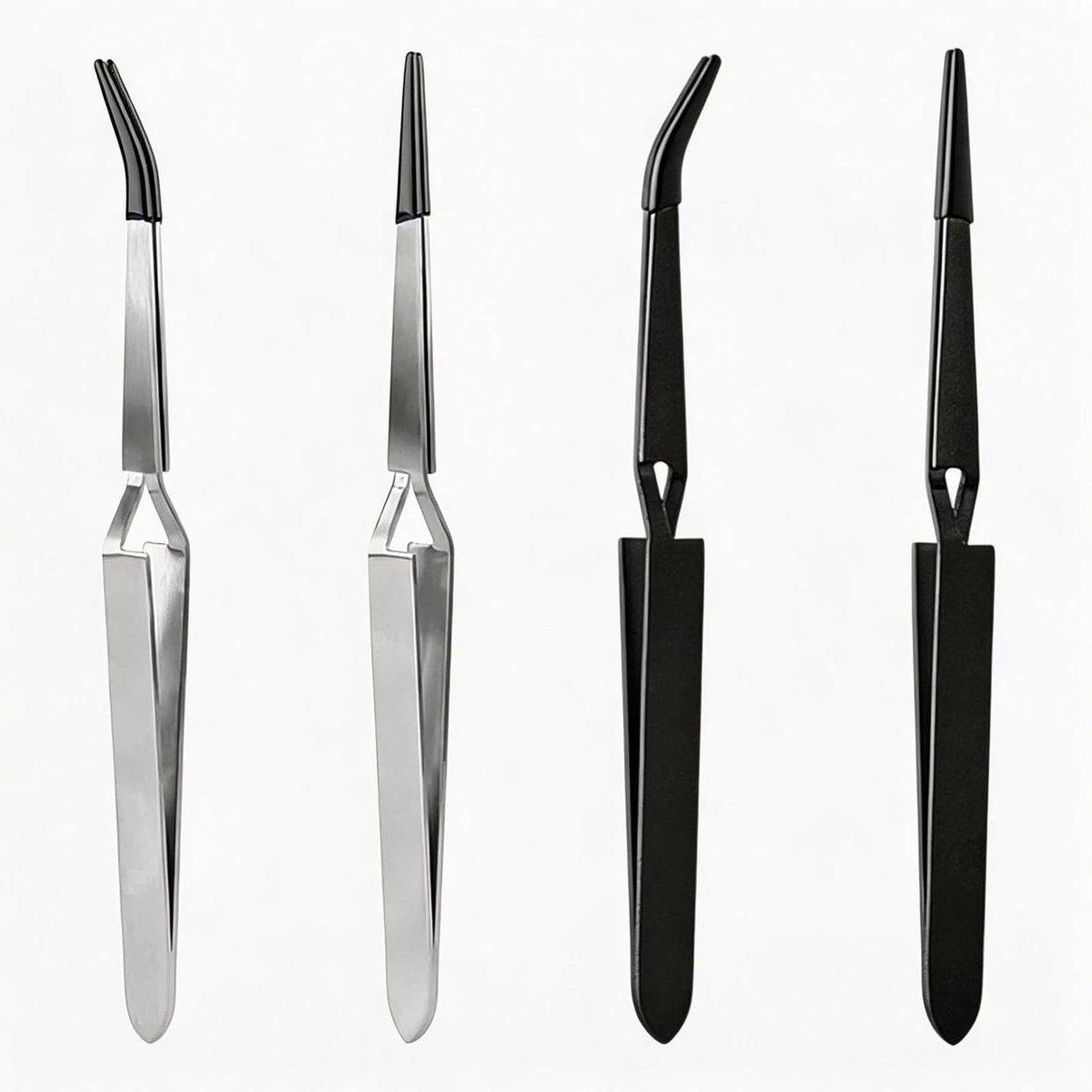 Pincetten Set - Kruisvergrendeling Tools - Fijnmechanica Werk - Omgekeerd Sluitend Ontwerp - 4 Stuks 145mm - Zilver Zwart