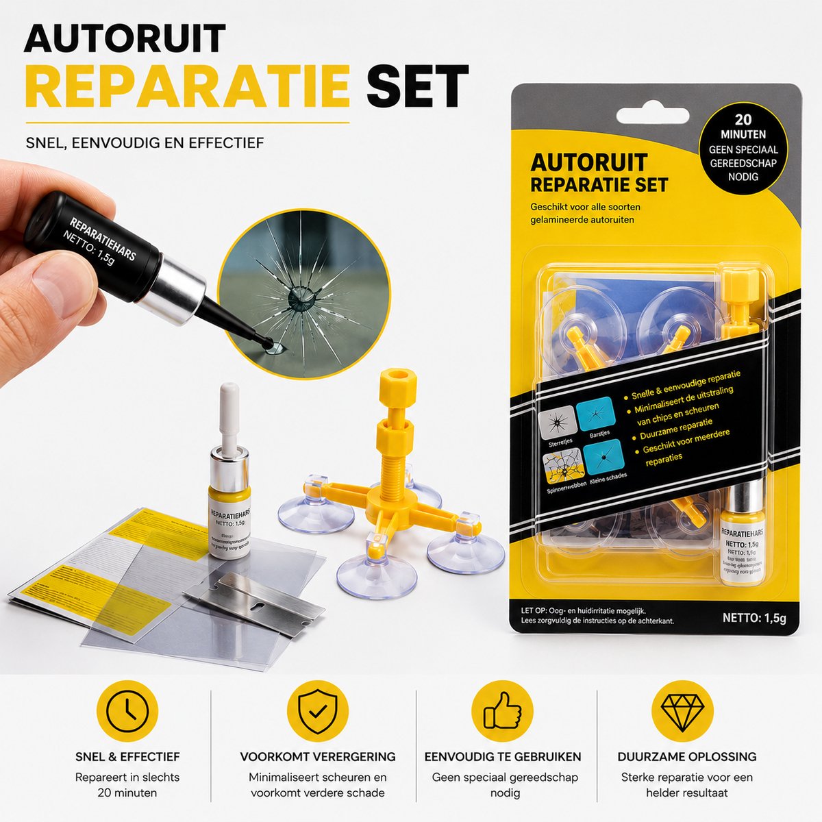 Winkrs - Glas Reparatie Set voor autoruit of telefoonscherm - Zelf een sterretje of scheurtje in glas repareren - Autoruit reparatieset