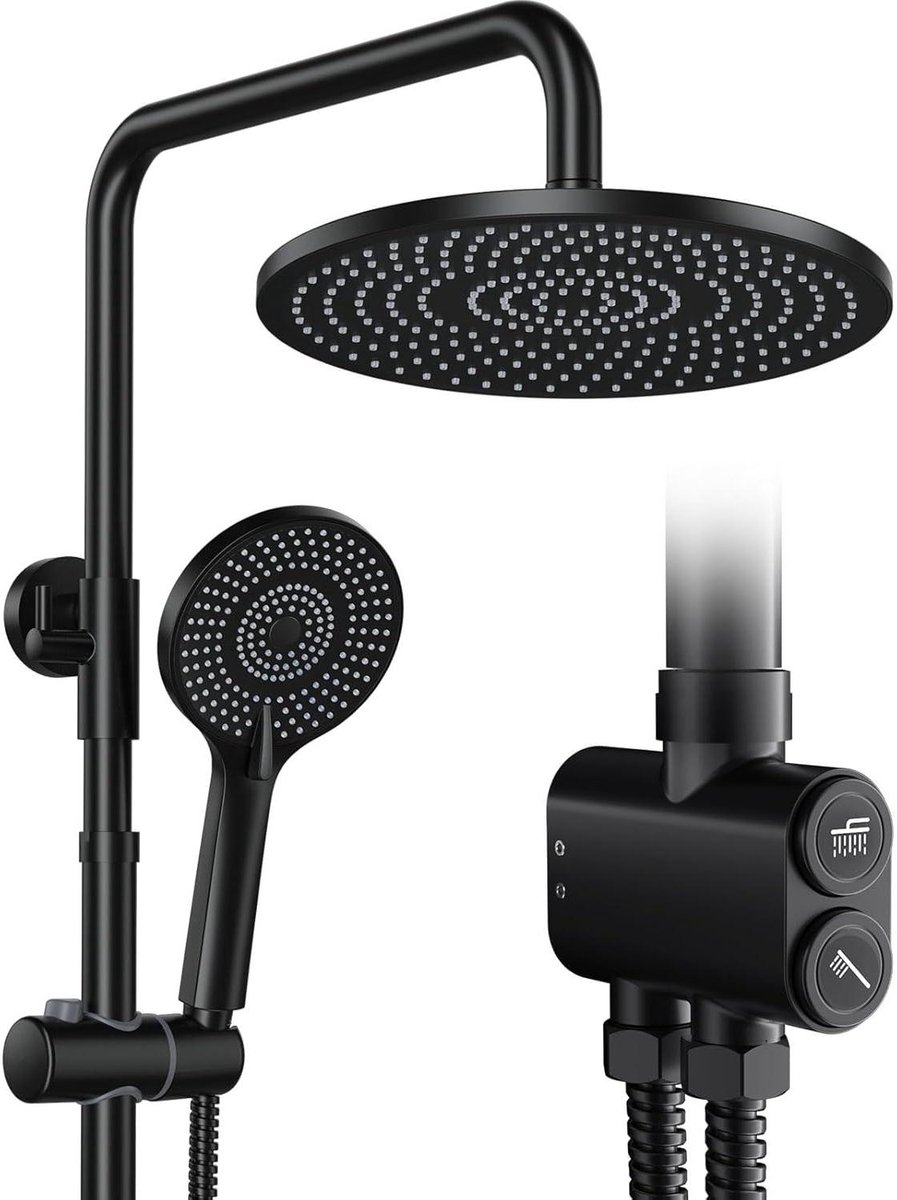 Regendouche Set - Douchekop Rond - Luxe Douche - Drie Straalsoorten - 25 cm - Zwart