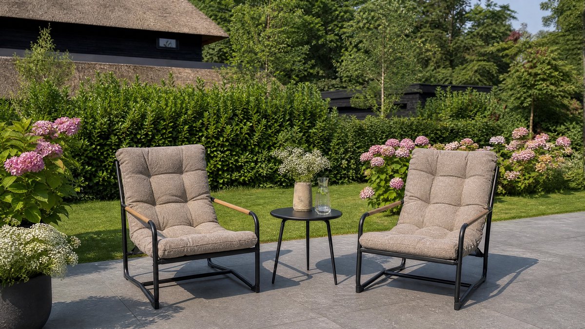 Vita - Como Loungestoelen - Met bijzettafel - textielene zitting - optimaal comfort - XL kussen olefin Bouclé bruin - aluminium onderstel - wood look armrest - Makkelijke montage