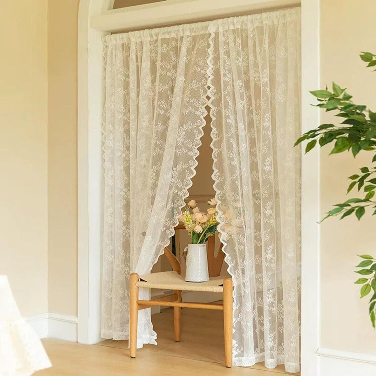 Witte Kanten Gordijnen 100-250 cm Lang 2 Panelen, Elegante Victoriaanse Bloemen Vitrage Gordijnen Golvende Randen voor Woonkamer Slaapkamer(