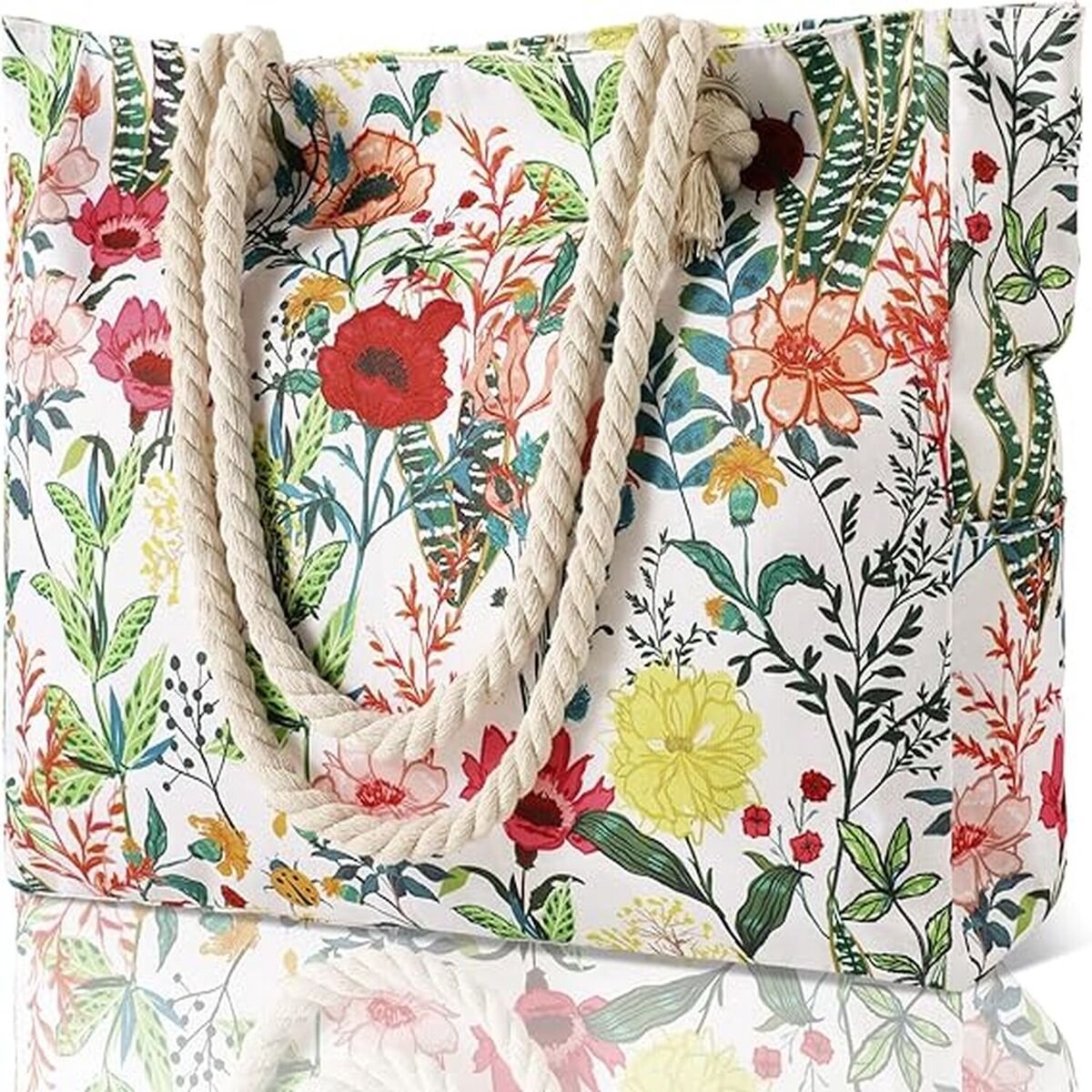 QTTVBTNA – Strandtas Dames – Grote Shopper met Bloemenprint – Ritssluiting en Touwgrepen – Ruime Strandtas voor Strand, Zwembad, Vakantie & Boodschappen