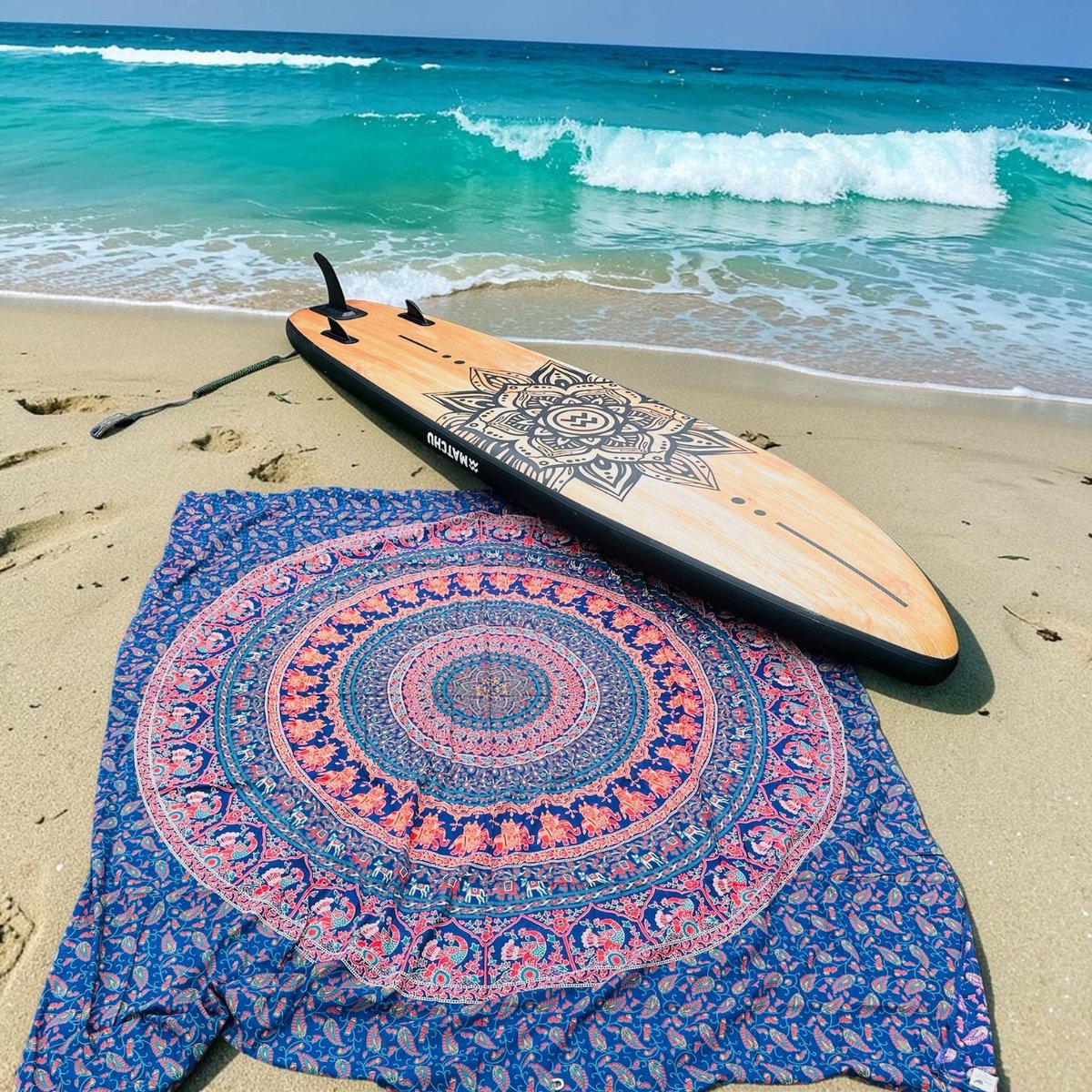Lindian-style - Tweepersoons Strandlaken - XL strandkleed - mandala kleed - Multiefunctioneel/ sprei - Tafelkleed - Muurkleed - Blauw/Oranje - Petrol/zal/perzik kleur - XL strandkleed