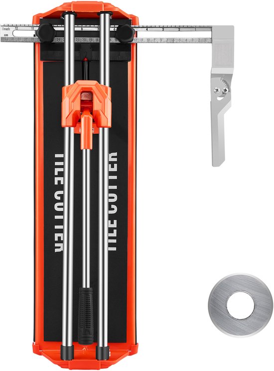 Oranje tegel snijder met dubbele rails, een zilveren snijblad en een reserve snijwiel, wit geïsoleerd.