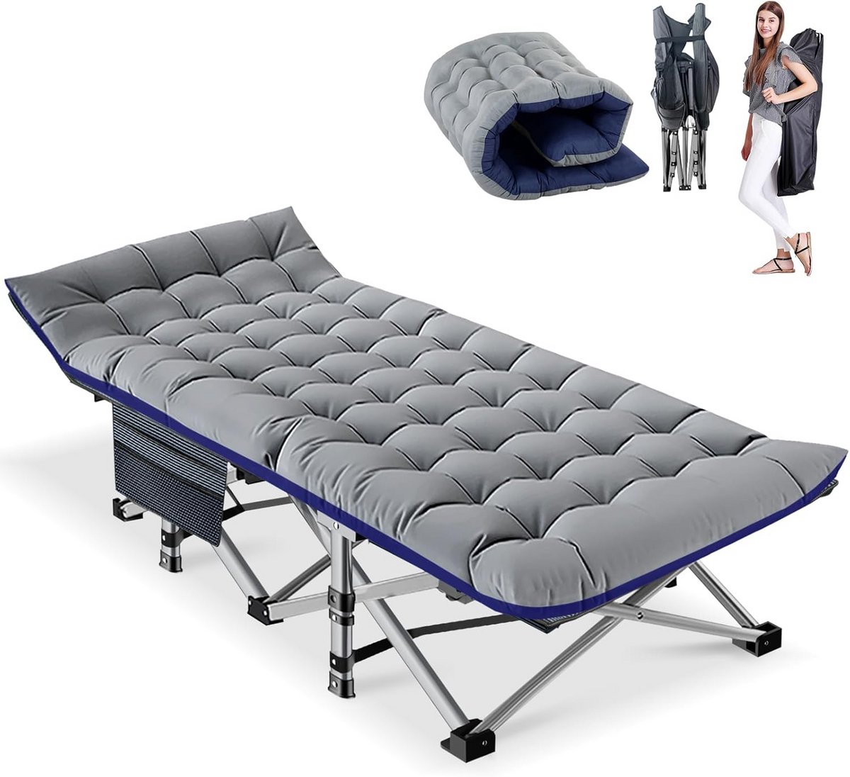 Vouwbed met Matras - Logeerbed Campingbed - Comfortabel Slapen - Inclusief Zijvakken - 190x71cm - Grijs