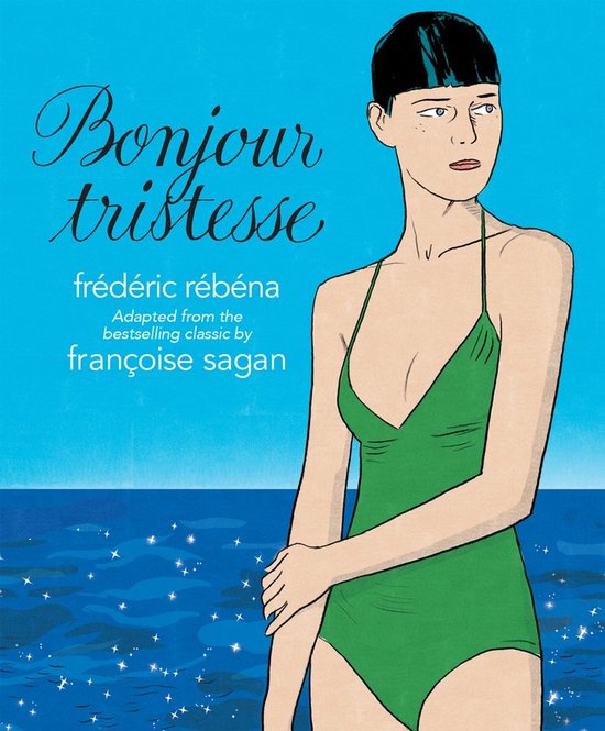 Illustratie van een vrouw in groen badpak, met de tekst 'Bonjour Tristesse' op de achtergrond.