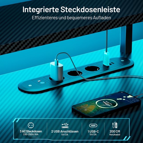 HLONONE Gamingtafel met Led, 120 x 60 cm Gamingbureau met Stopcontacten en USB-poorten, Gaming Schrijftafel met Monitorstandaard, Stabiele Computertafel voor Gaming en Kantoor, Zwart Koolstofvezel — afbeelding 2