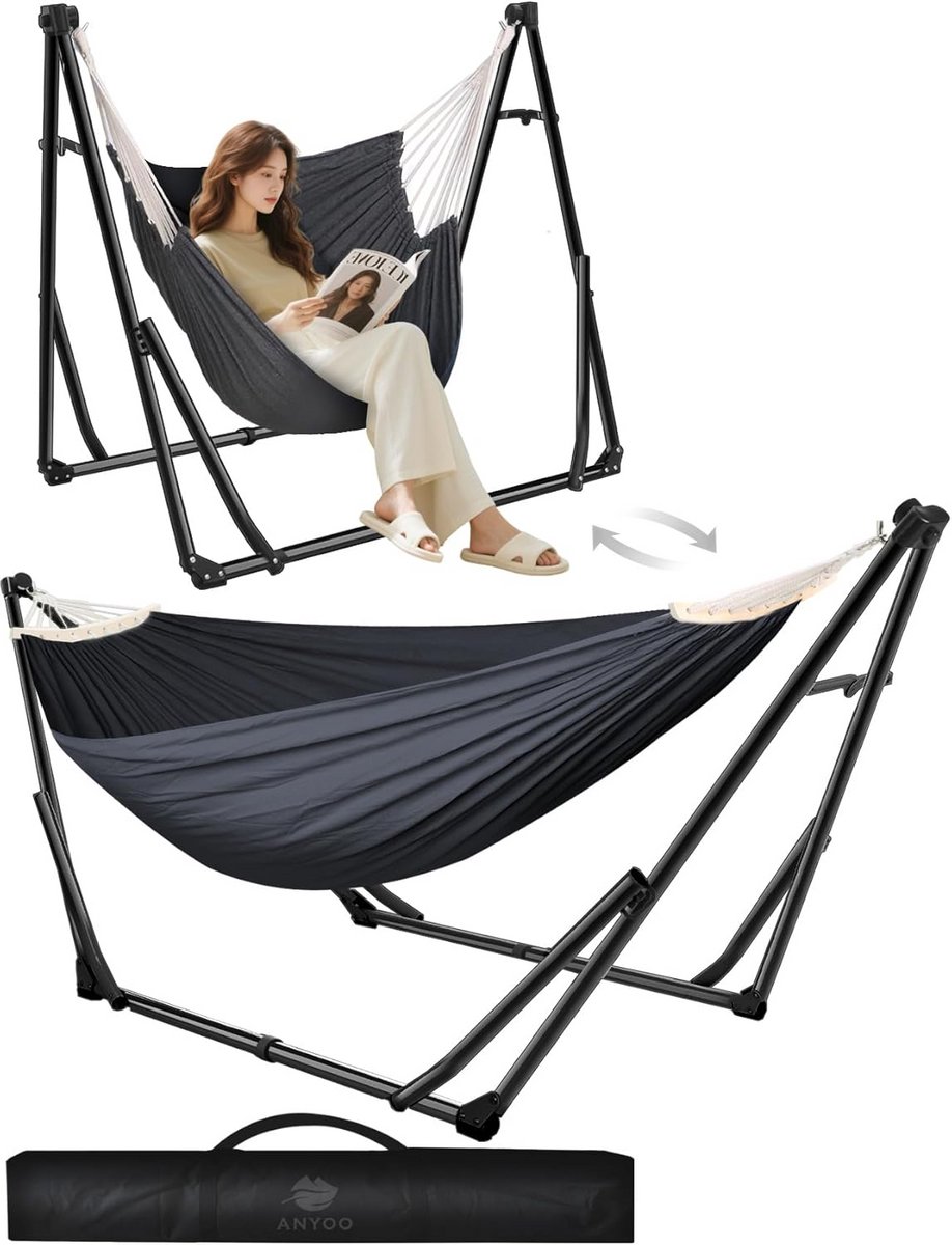 Hangmat en stoel - Ontspan frame - Buiten relaxen - Tweevoudig gebruik - 150 kg draagkracht - Zwart