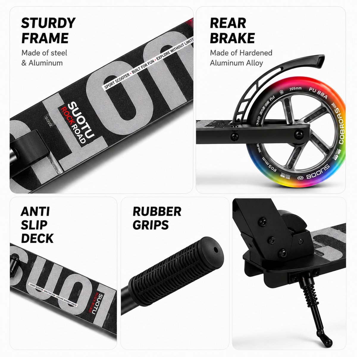 Suotu Kinderstep - 145mm Lichtgevende Wielen - Step - Speelgoed Jongens/Meisjes - Max stuurhoogte: 85 cm - Aluminium - Zwart — afbeelding 10