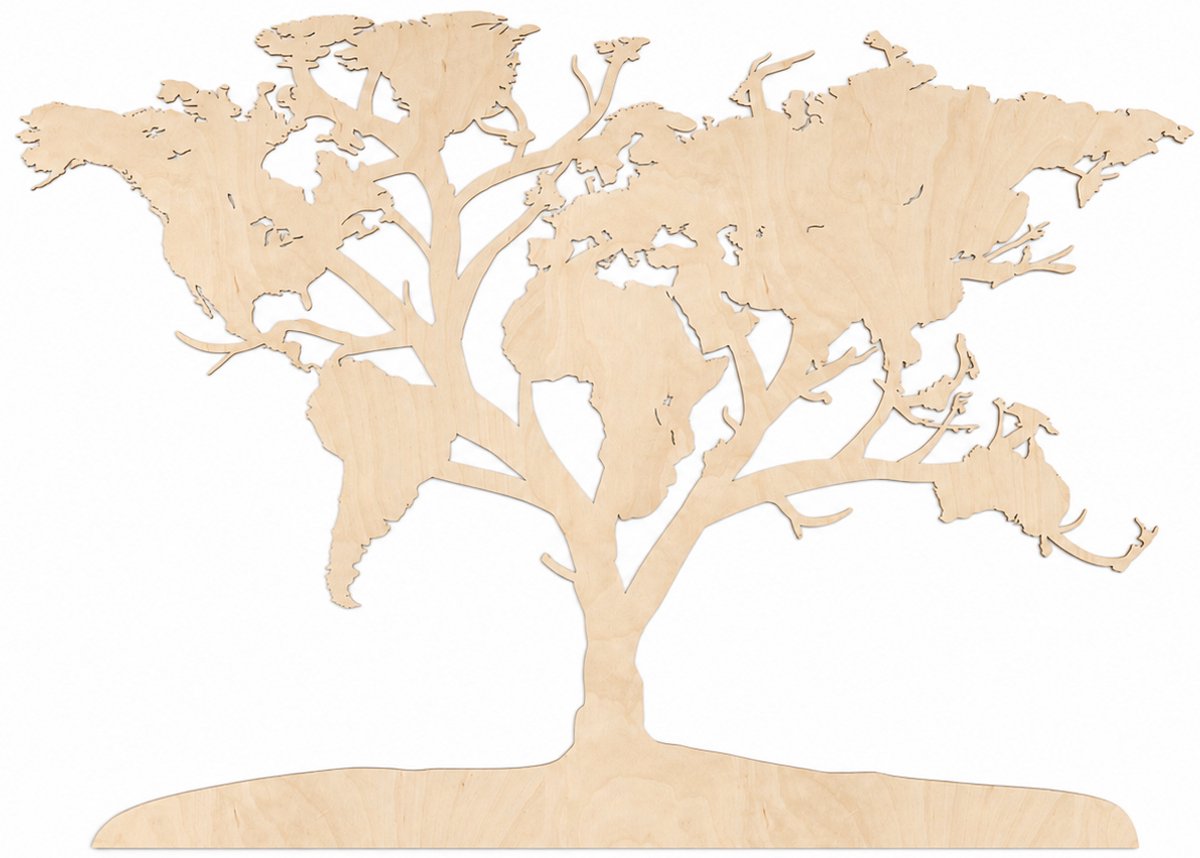 Houten wanddecoratie - Wooden wall decoration | Wereldkaart boom 96 x 140cm World map tree | Licht hout - Natural wood | Muurdecoratie - Wall art - Atlas - Echt Hout - Real Wood - Aarde - Continenten - Reizen - Natuur