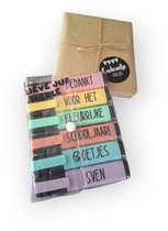 Persoonlijk afscheid school of collega cadeau eigen tekst idee juffen meester BEDANKT schooljaar leuke tijd bedankje met naam markeerstiften highlighters stiften
