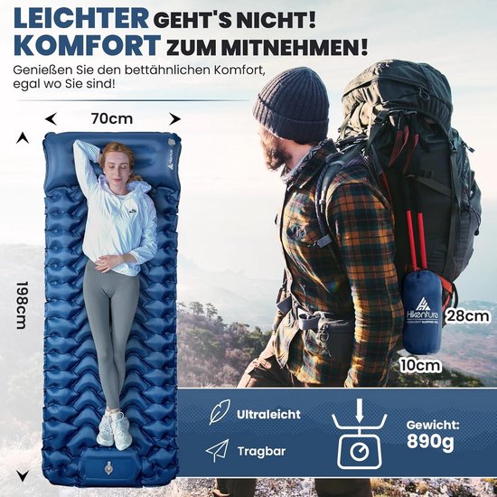 Zelfopblazende Slaapmat - Campingmat Luchtbed - Outdoor Kamperen - Geïntegreerde Voetpomp - 10 cm Dik - Donkerblauw — afbeelding 3