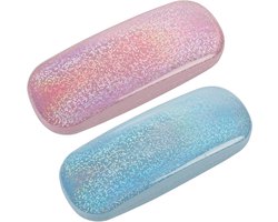 TRUEIN 2 Pcs Portable Hard Case Eyeglass Case - PU Leather Hard Shell Glitter Eyeglass Case for Girls, Teens, Women and Kids - With Cleaning Cloth, Scratch Resistant