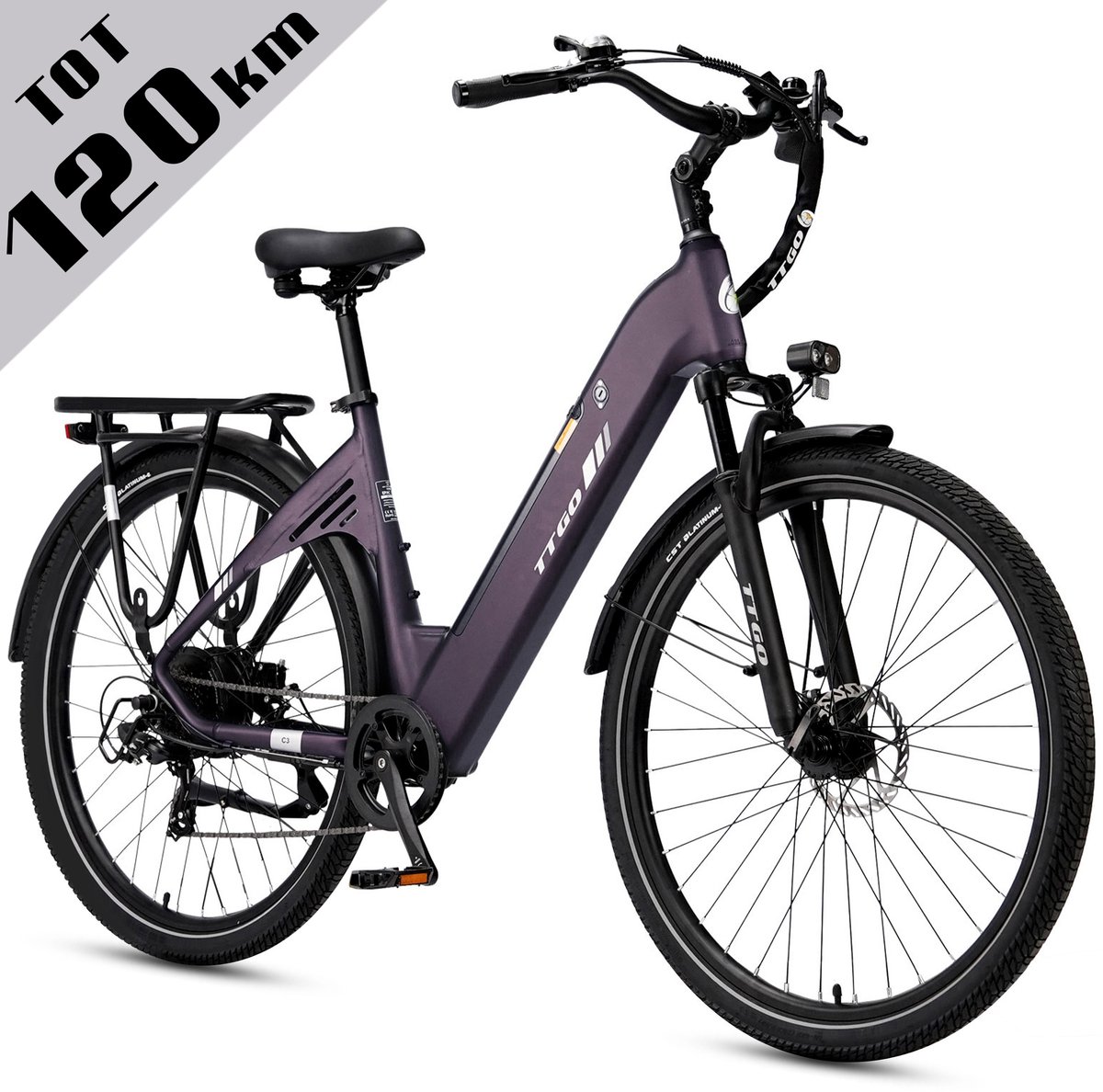 Elektrische Fiets TTGO C3 - 36V 18AH Accu - Actieradius Tot 120 Km - Aluminium Lage Instapframe - 28×2.0 Inch Wielen - Shimano 7 Versnellingen - Mechanische Schijfremmen - LCD Display - Elektrische Stadsfiets - paars