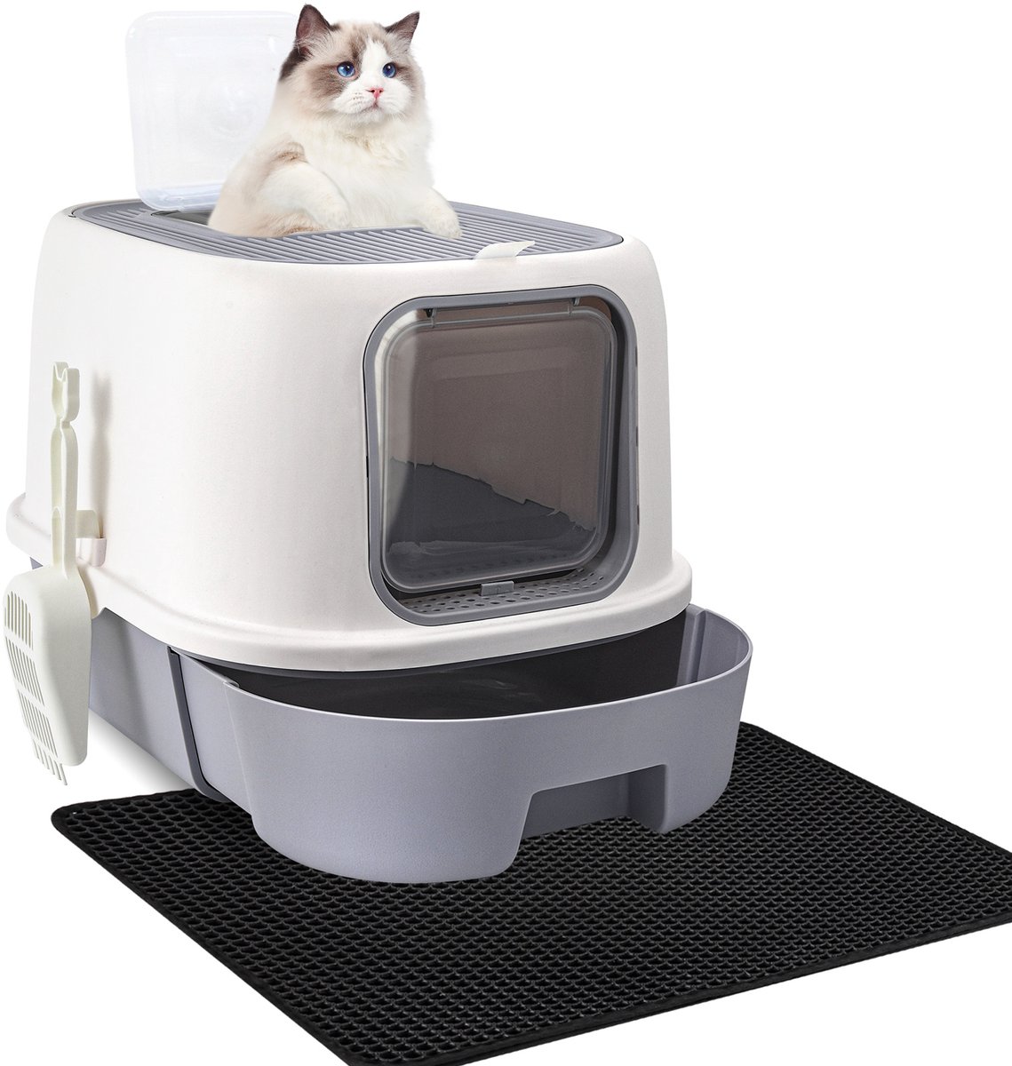 DAITORE - Kattenbak - Kattenbak met lade - Kattenbakmat - Dubbele deur structuur- Kattenbak Schep - Grijs/Wit