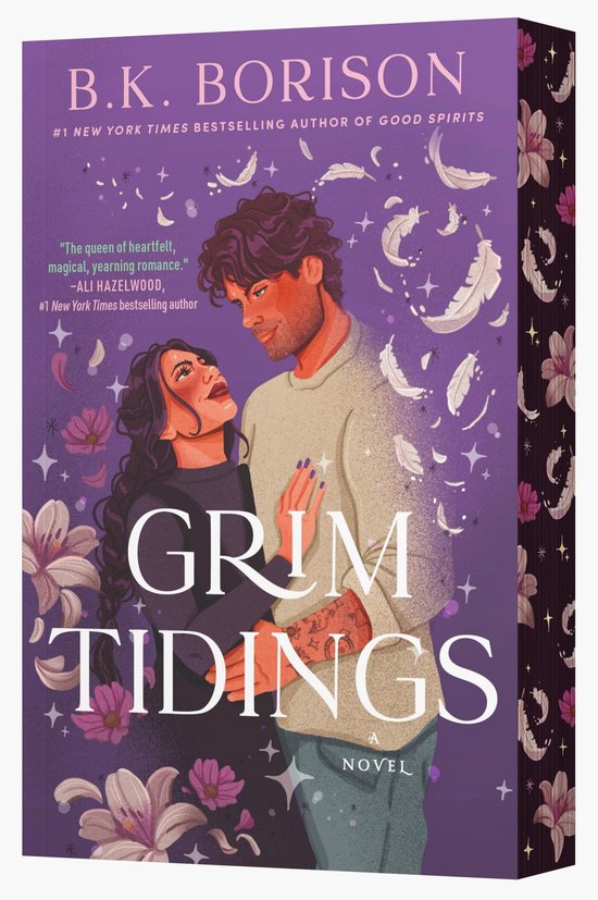 Boekomslag van 'Grim Tidings' met een illustratie van een man en vrouw die elkaar aankijken te midden van veren en bloemen.