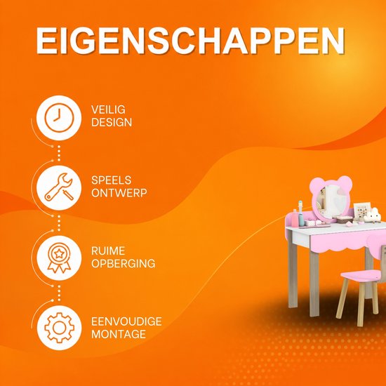 Roze kinder kaptafel met berenspiegel en krukje, met pictogrammen voor eigenschappen.