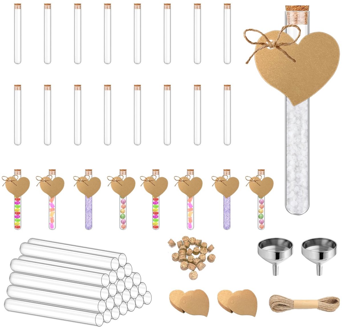 Dailygoods- Reageerbuisjes 24 stuks - Reageerbuis met Kurk - Kunststof - Trechter - Hangers - Hoogwaardig Materiaal - Herbruikbaar - Decoratiebuizen