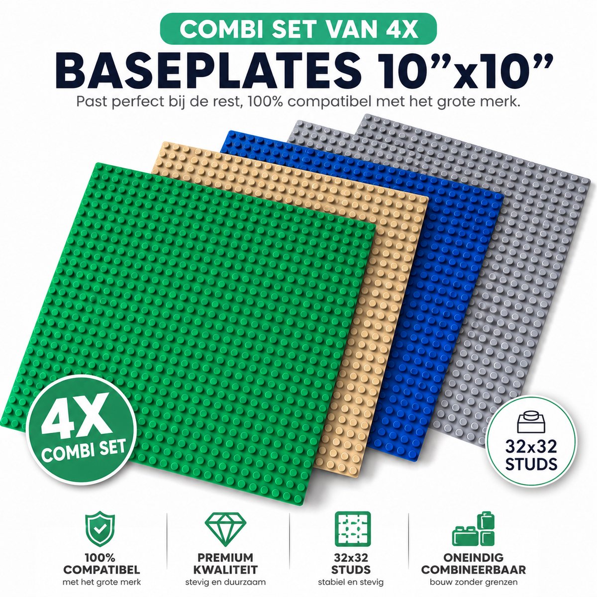 Enluxe Set van 4 Kleurrijke Bouwplaten l 32x32 Noppen | Geschikt voor Diverse Bouwstenen | Kleuren: Grijs, Wit, Blauw, Groen | Perfect voor Creatieve Bouwprojecten
