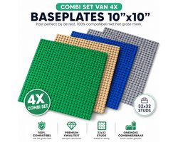 Enluxe Set van 4 Kleurrijke Bouwplaten l 32x32 Noppen | Geschikt voor Diverse Bouwstenen | Kleuren: Grijs, Wit, Blauw, Groen | Perfect voor Creatieve Bouwprojecten