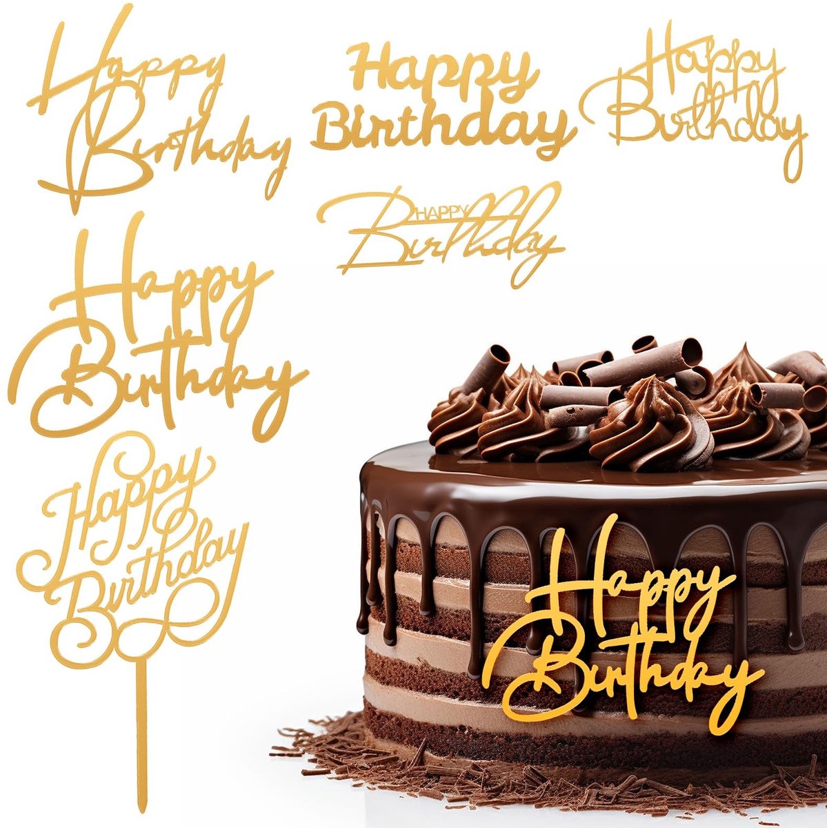 Dailygoods- Taartdecoratie Gouden Happy Birthday - Taarttopper - Feesttaartdecoratie - 6 Stuks - Acryl - Duurzaam en Herbruikbaar - Taarttoppers