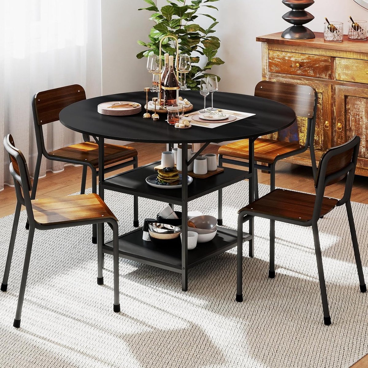 Milano Noir Ronde Eettafel 120 cm met Opbergplanken voor 4-6 Personen - Industriële Houten Keukentafel en Eetkamertafel Zwart
