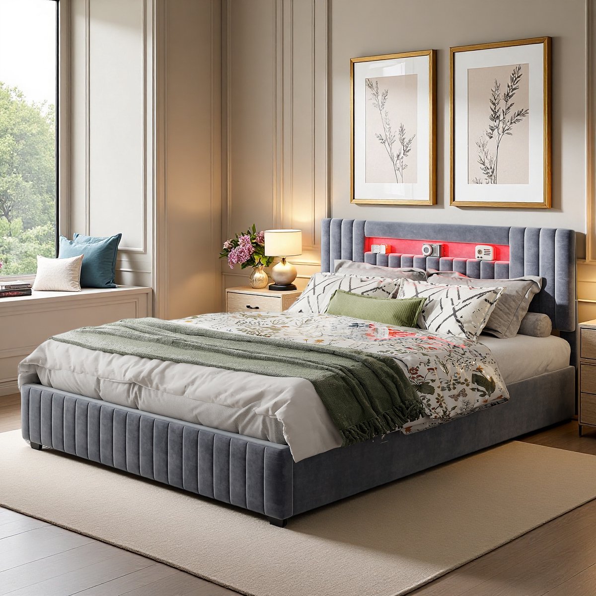 ROSAHQNDA Gestoffeerd hydraulisch bed van 160 x 200 cm met ledverlichting, opbergruimte en hoofdbord, fluwelen stof, grijs