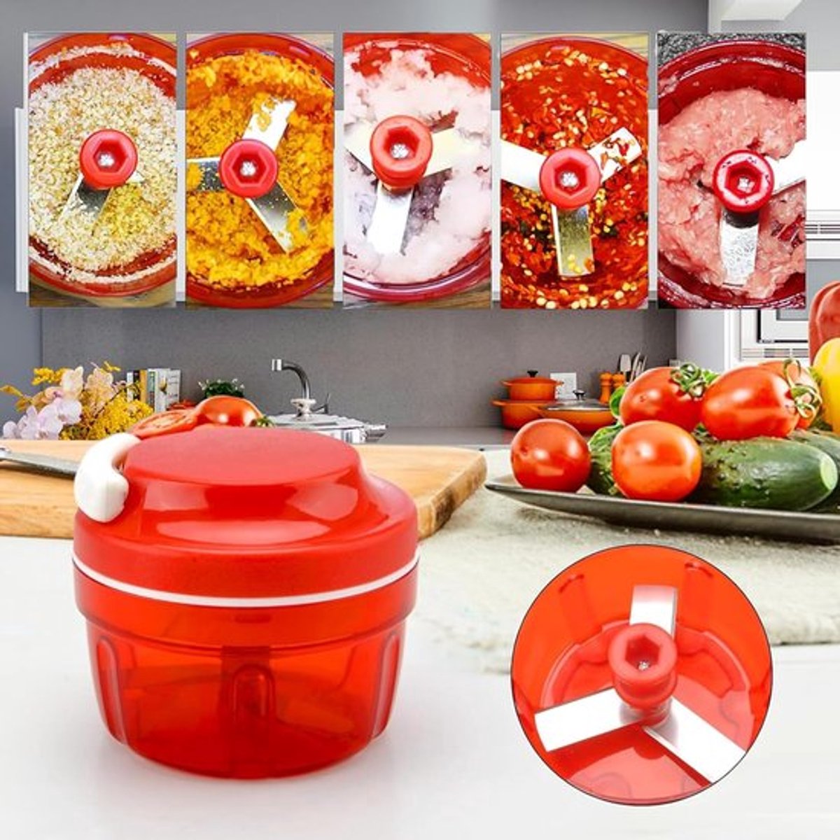 Multifunctionele Hakmolen met Trekkoord - Raspen, Schillers & Snijders - Handmatige Uiensnijder & Groentesnijder voor Salade en Noten - RVS Mesjes - rood