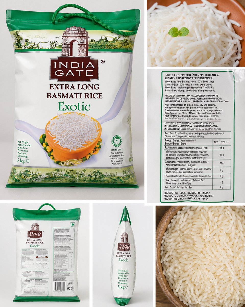 India Gate Extra Lange Basmati Rijst Exotic 5kg – Premium Aromatische Witte Rijst, Langkorrelige Basmati, Ideaal voor Indiase Gerechten, Curry, Biryani & Dagelijks Gebruik, Authentieke Smaak uit India Met Kajal Sticker