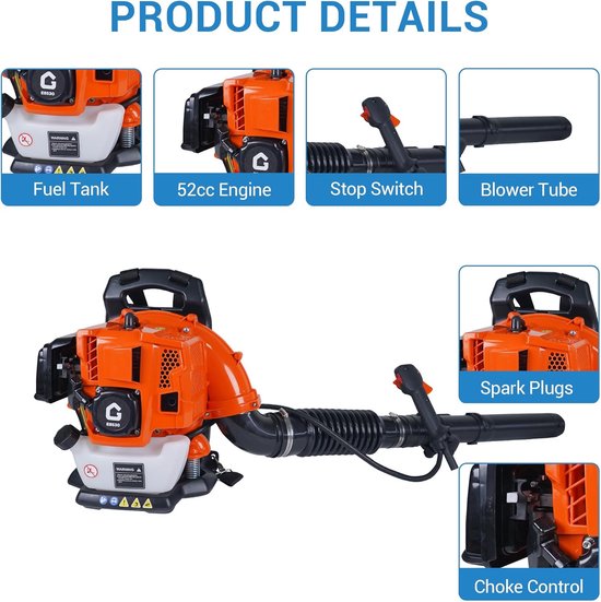Krachtige rugzakbladblazer op gas, 52 cc, 2,2 pk, tweetaktmotor, 780 CFM, 270 MPH, draagbaar, krachtig, geluidsarm, ideaal voor gazon, tuin, bladeren en sneeuwruimen, oranje — afbeelding 2
