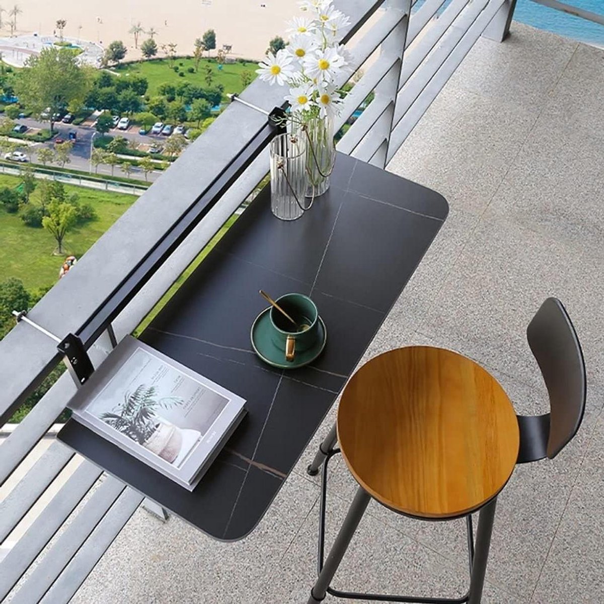 Opvouwbare Wandtafel - Balkontafel Hangtafel - Buiten Leven - Verstelbaar Ontwerp - 100 x 35 cm - Zwart Wit