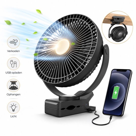 Tafelventilator Pitt & Co USB oplaadbaar, stil, draagbaar, 3 snelheden, LED verlichting, powerbank, compact zwart
