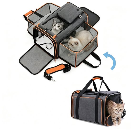 Grote Uitbreidbare Huisdier Reistas - 48x31x80 cm - Draagtas Hond - Draagtas Kat - Kattentas - Draagtas voor Katten & Kleine Honden - Tot 8kg - Opvouwbaar - Ventilerend - Met Bagageband & Schouderband - Met Opbergvakken - Oranje