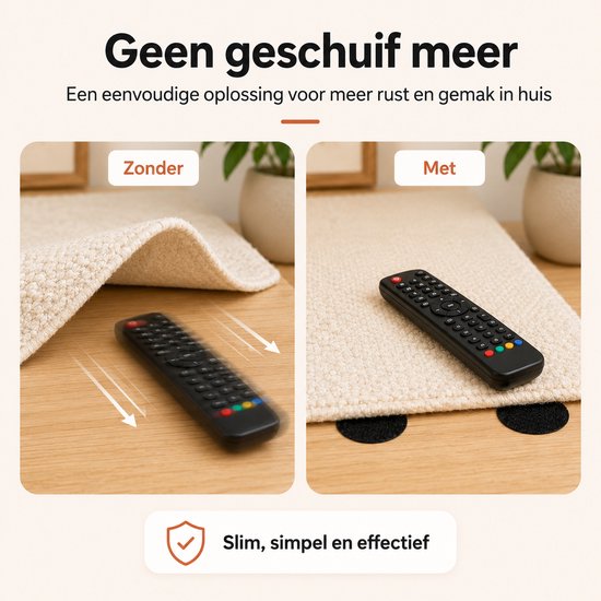 Vergelijking: een afstandsbediening die wegglijdt van een vloerkleed versus een afstandsbediening die blijft liggen dankzij klittenbandjes.